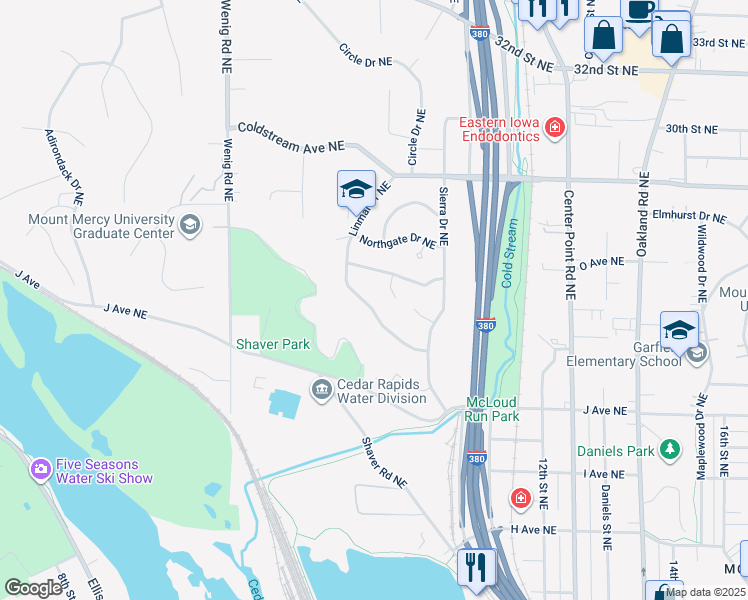 map of restaurants, bars, coffee shops, grocery stores, and more near 2126 Linmar Drive Northeast in Cedar Rapids
