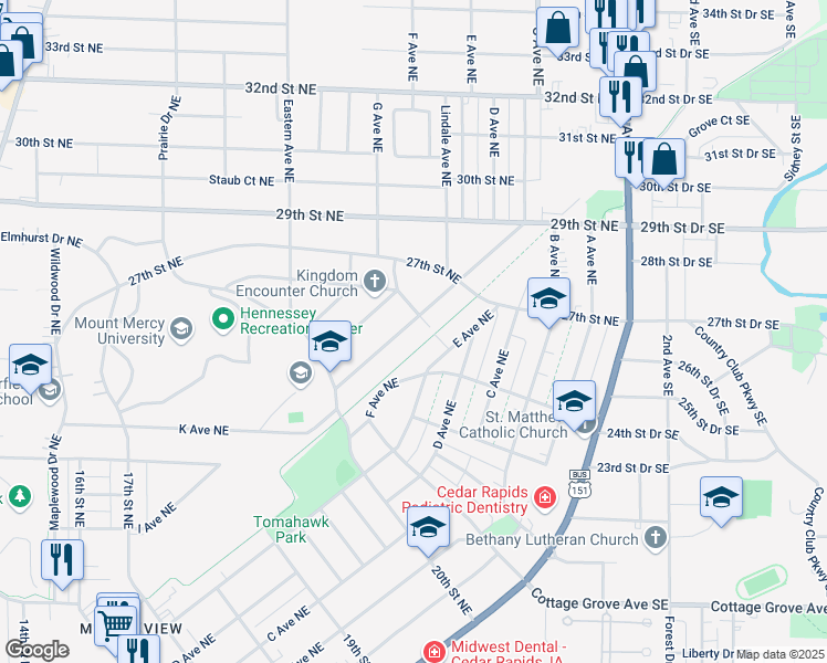 map of restaurants, bars, coffee shops, grocery stores, and more near in Cedar Rapids