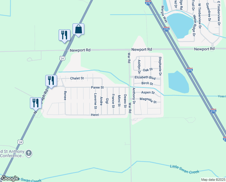 map of restaurants, bars, coffee shops, grocery stores, and more near 8553 France Street in Monroe County