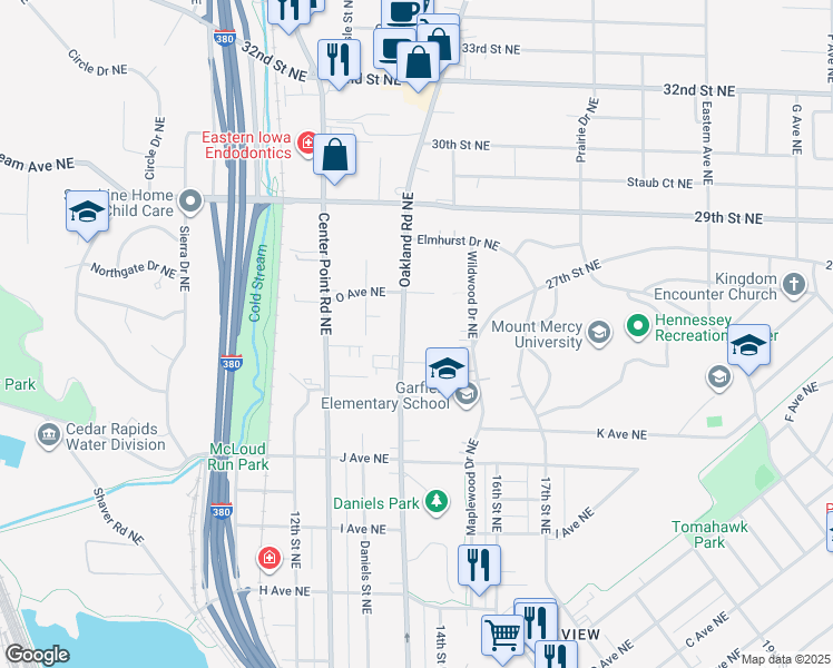 map of restaurants, bars, coffee shops, grocery stores, and more near 1414 Oakland Road Northeast in Cedar Rapids