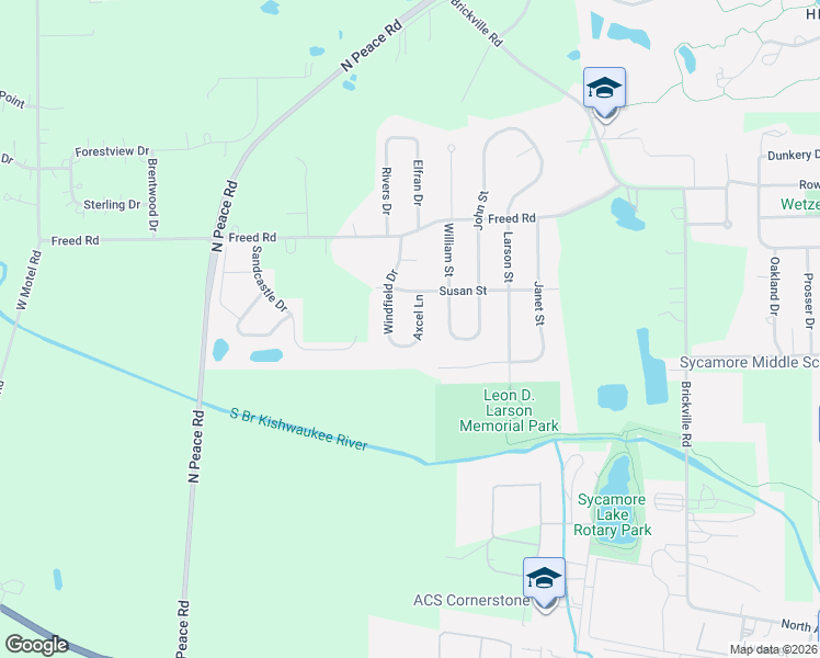 map of restaurants, bars, coffee shops, grocery stores, and more near 1349 Axcel Lane in Sycamore
