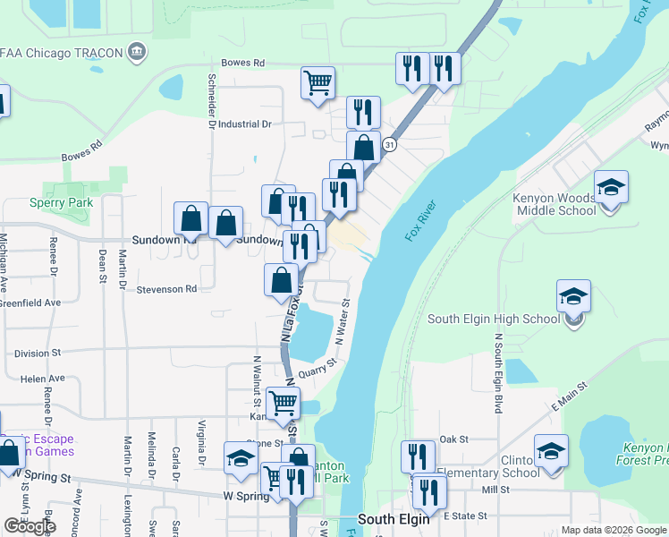 map of restaurants, bars, coffee shops, grocery stores, and more near 67 Melrose Court in South Elgin