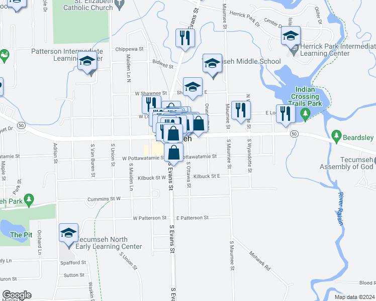 map of restaurants, bars, coffee shops, grocery stores, and more near 124 South Ottawa Street in Tecumseh