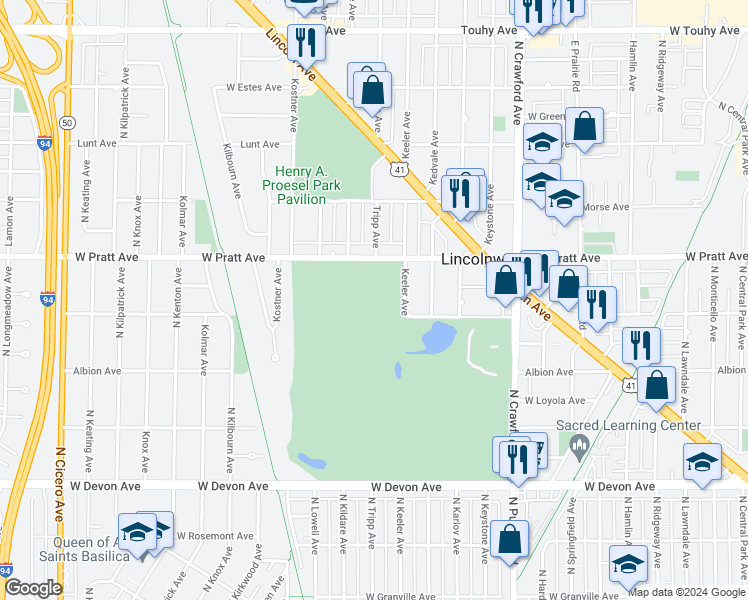 map of restaurants, bars, coffee shops, grocery stores, and more near in Lincolnwood