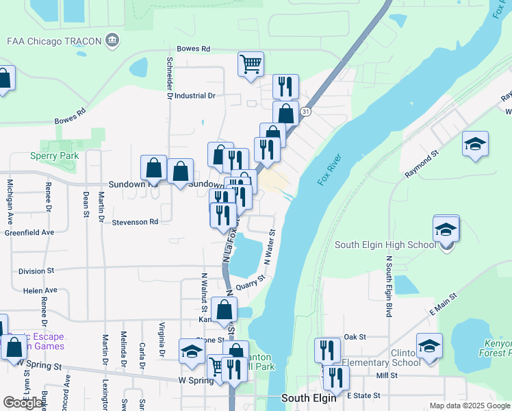 map of restaurants, bars, coffee shops, grocery stores, and more near 3 Melrose Court in South Elgin