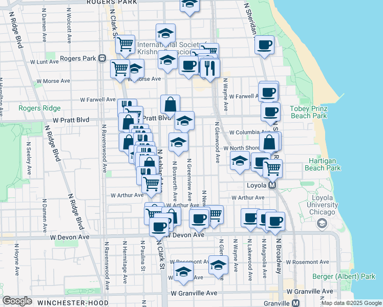 map of restaurants, bars, coffee shops, grocery stores, and more near 6647 North Greenview Avenue in Chicago