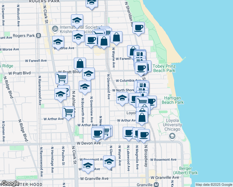 map of restaurants, bars, coffee shops, grocery stores, and more near 1325 West North Shore Avenue in Chicago