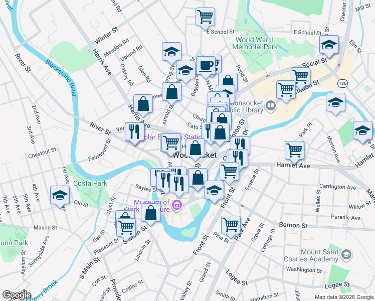 map of restaurants, bars, coffee shops, grocery stores, and more near 138 High Street in Woonsocket