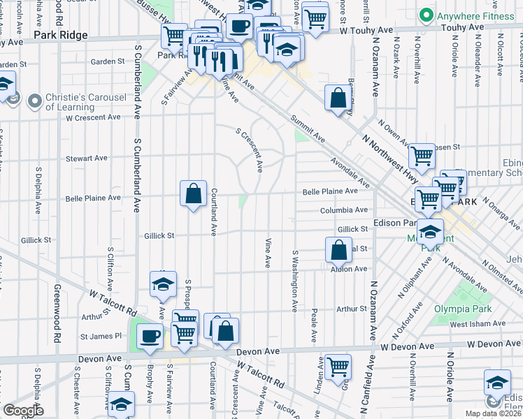 map of restaurants, bars, coffee shops, grocery stores, and more near 620 Vine Avenue in Park Ridge