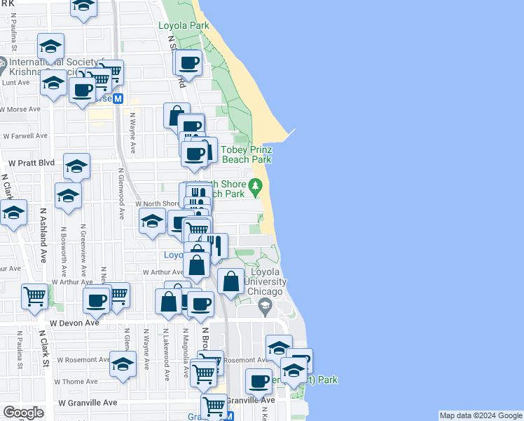 map of restaurants, bars, coffee shops, grocery stores, and more near 1029 West North Shore Avenue in Chicago