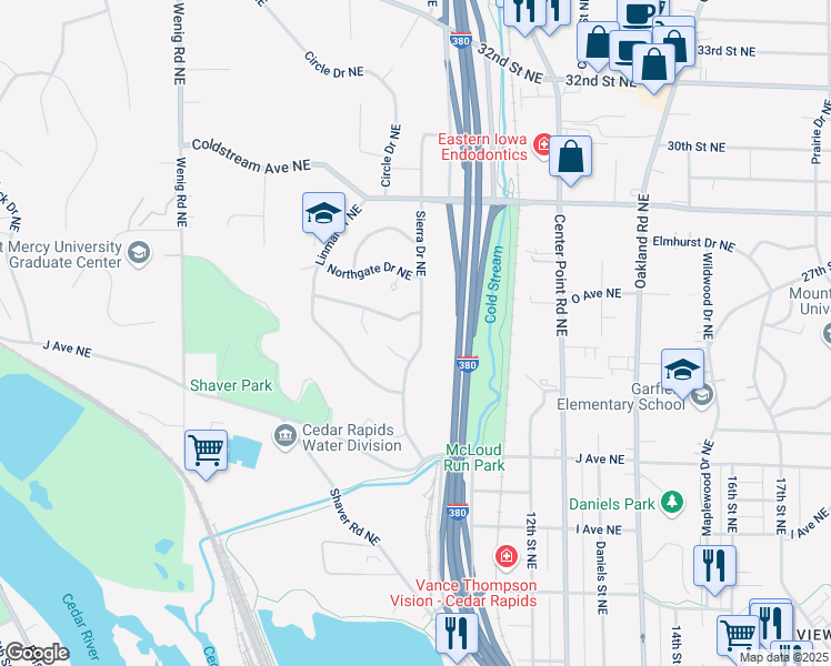 map of restaurants, bars, coffee shops, grocery stores, and more near 1421 Sierra Drive Northeast in Cedar Rapids