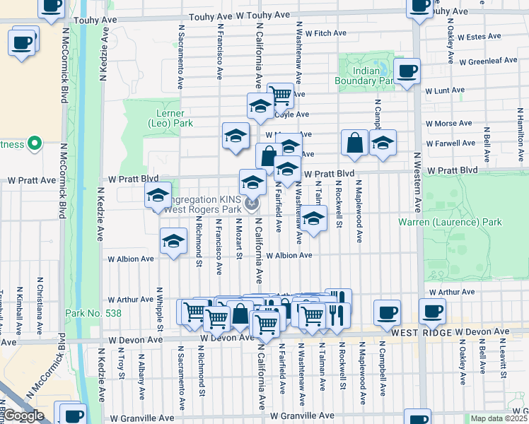 map of restaurants, bars, coffee shops, grocery stores, and more near 6658 North Fairfield Avenue in Chicago