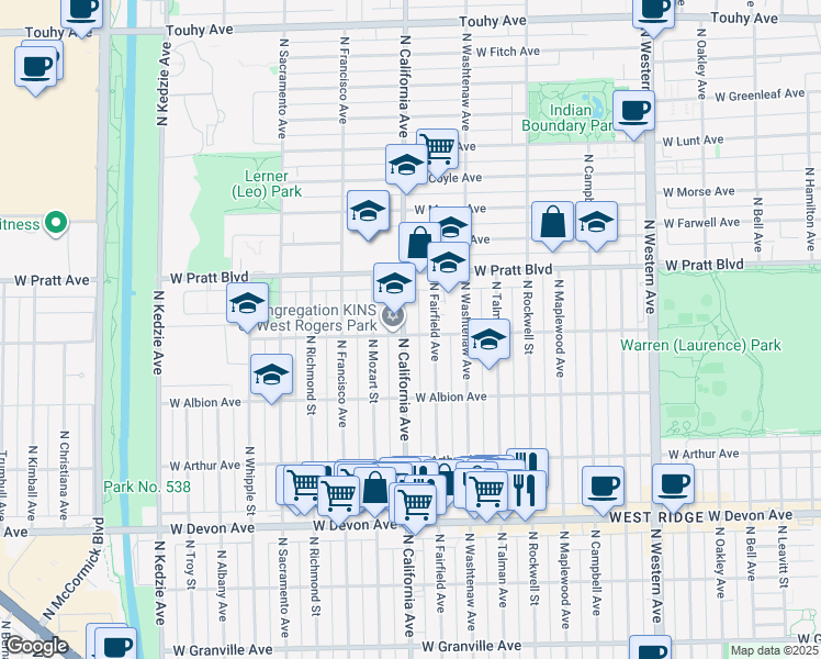 map of restaurants, bars, coffee shops, grocery stores, and more near 6658 North Fairfield Avenue in Chicago