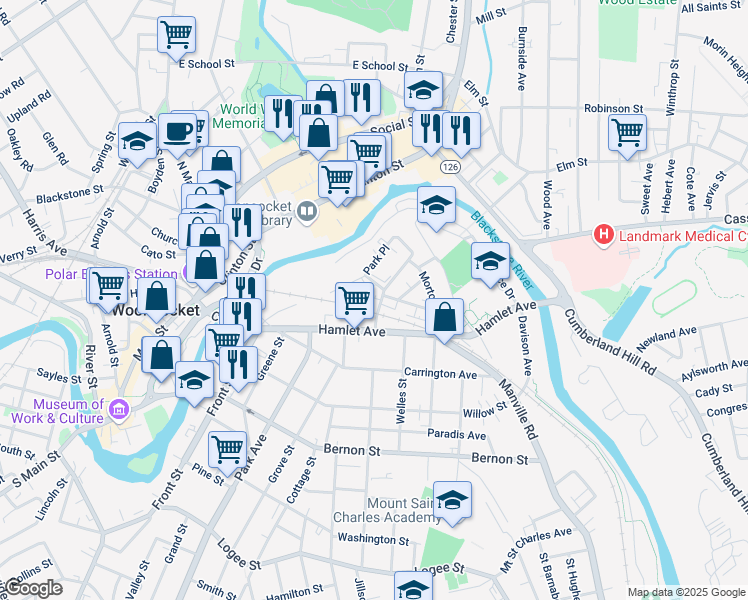 map of restaurants, bars, coffee shops, grocery stores, and more near 47 Harrison Avenue in Woonsocket