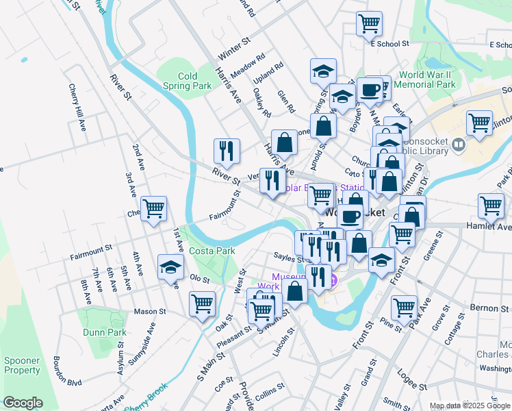 map of restaurants, bars, coffee shops, grocery stores, and more near 84 Fairmount Street in Woonsocket