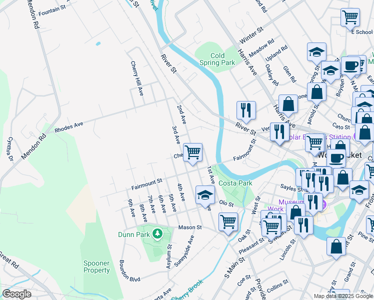 map of restaurants, bars, coffee shops, grocery stores, and more near 380 2nd Avenue in Woonsocket