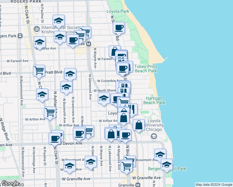 map of restaurants, bars, coffee shops, grocery stores, and more near 6610 North Sheridan Road in Chicago