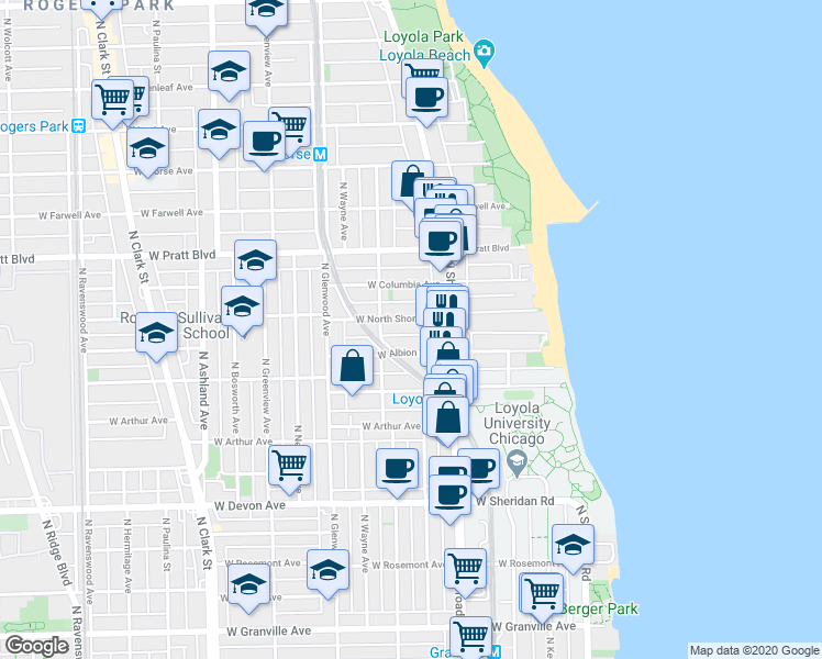 map of restaurants, bars, coffee shops, grocery stores, and more near 1254 West Albion Avenue in Chicago