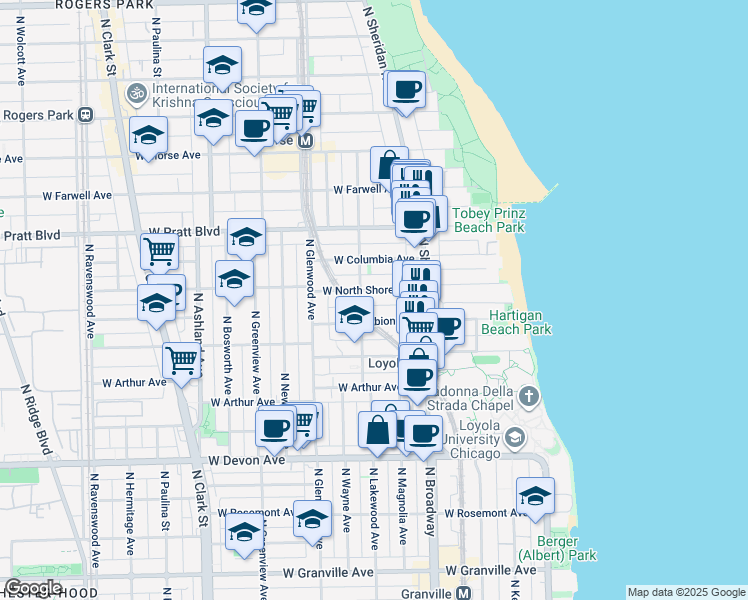 map of restaurants, bars, coffee shops, grocery stores, and more near 1254 West Albion Avenue in Chicago
