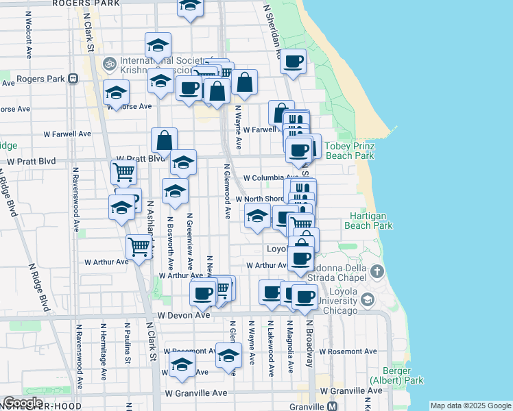 map of restaurants, bars, coffee shops, grocery stores, and more near 1331 West North Shore Avenue in Chicago