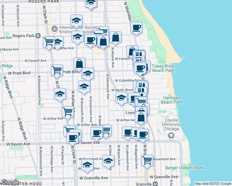 map of restaurants, bars, coffee shops, grocery stores, and more near 1331 West North Shore Avenue in Chicago