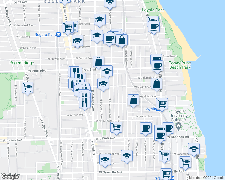 map of restaurants, bars, coffee shops, grocery stores, and more near 6641 North Greenview Avenue in Chicago