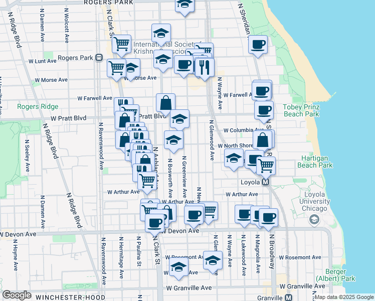 map of restaurants, bars, coffee shops, grocery stores, and more near 6641 North Greenview Avenue in Chicago