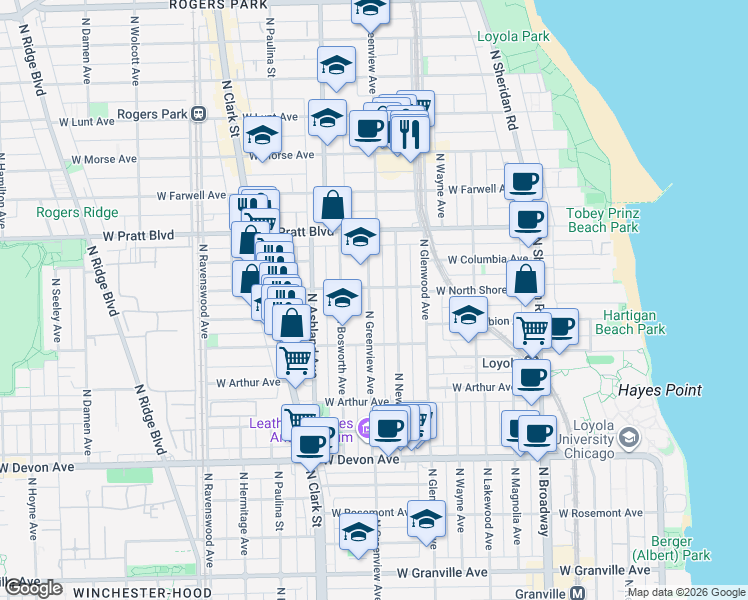map of restaurants, bars, coffee shops, grocery stores, and more near 6638 North Newgard Avenue in Chicago