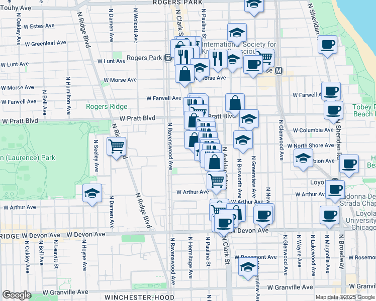 map of restaurants, bars, coffee shops, grocery stores, and more near 1720 West Wallen Avenue in Chicago