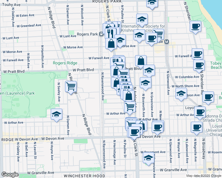 map of restaurants, bars, coffee shops, grocery stores, and more near 1720 West Wallen Avenue in Chicago