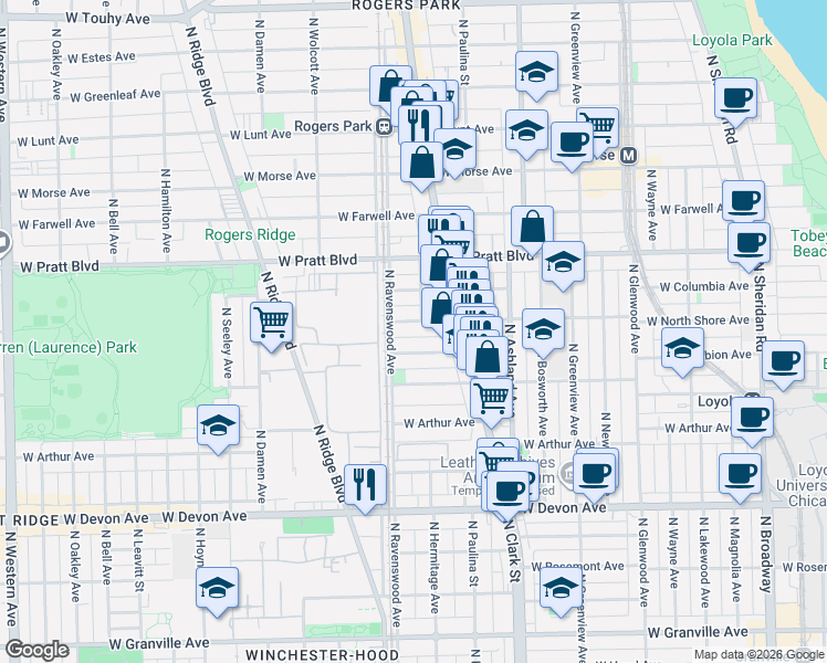 map of restaurants, bars, coffee shops, grocery stores, and more near 1760 West Wallen Avenue in Chicago