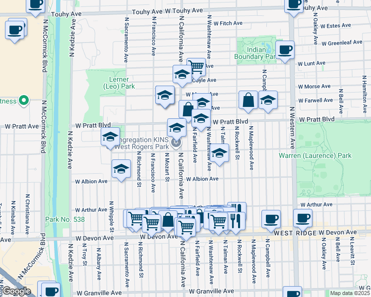 map of restaurants, bars, coffee shops, grocery stores, and more near 6658 North Fairfield Avenue in Chicago