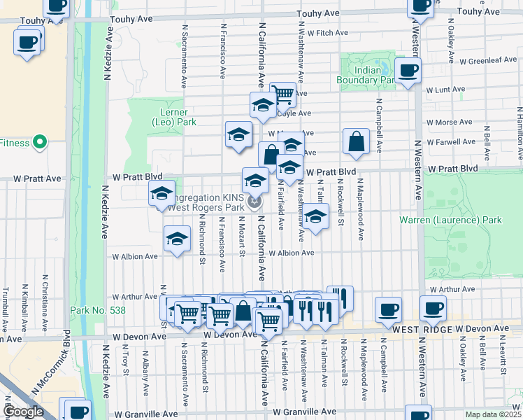 map of restaurants, bars, coffee shops, grocery stores, and more near 2824 West North Shore Avenue in Chicago