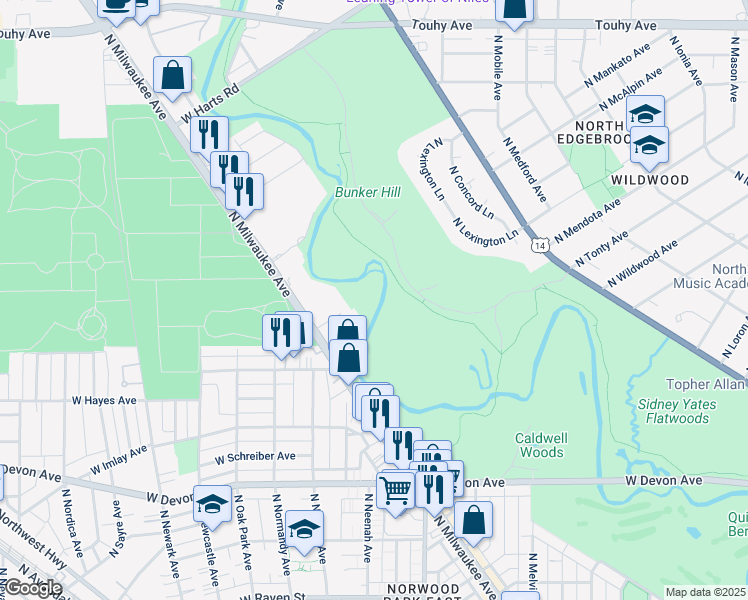 map of restaurants, bars, coffee shops, grocery stores, and more near 6631 North Milwaukee Avenue in Niles