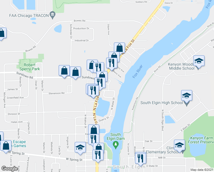 map of restaurants, bars, coffee shops, grocery stores, and more near 138 Melrose Court in South Elgin