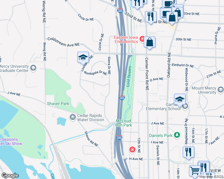 map of restaurants, bars, coffee shops, grocery stores, and more near 1420 Sierra Drive Northeast in Cedar Rapids