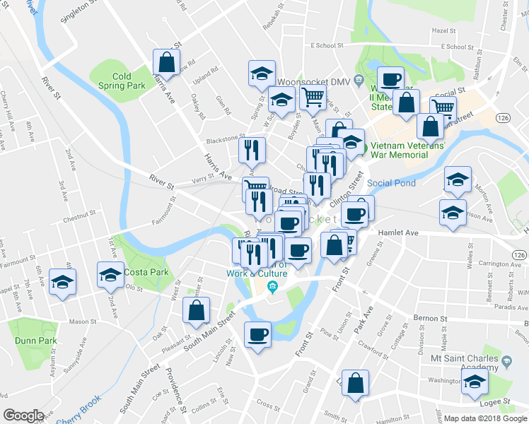 map of restaurants, bars, coffee shops, grocery stores, and more near 202 High Street in Woonsocket