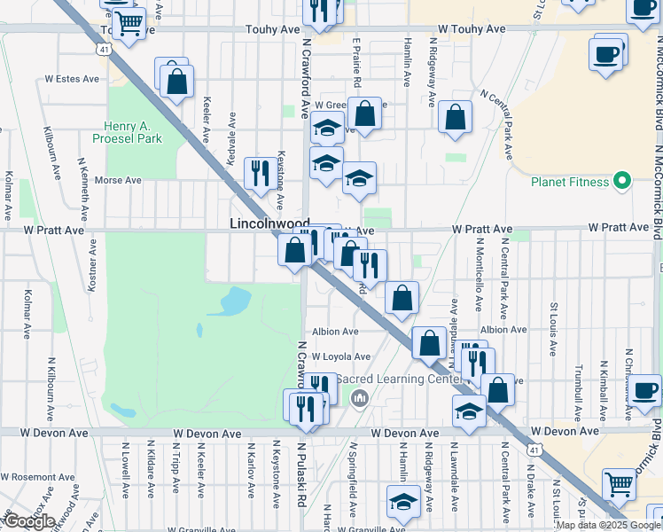 map of restaurants, bars, coffee shops, grocery stores, and more near 6717 Lincoln Avenue in Lincolnwood