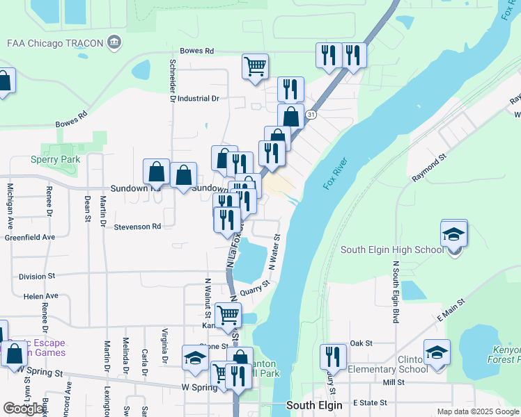 map of restaurants, bars, coffee shops, grocery stores, and more near 138 Melrose Court in South Elgin
