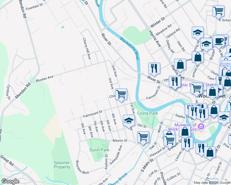 map of restaurants, bars, coffee shops, grocery stores, and more near 371 3rd Avenue in Woonsocket