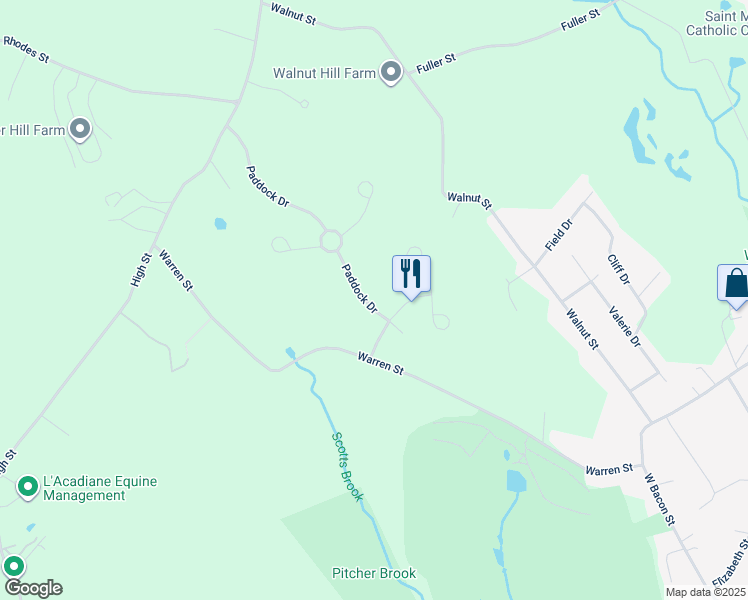 map of restaurants, bars, coffee shops, grocery stores, and more near 5 Paddock Drive in Plainville
