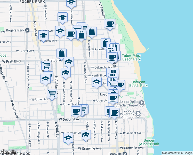 map of restaurants, bars, coffee shops, grocery stores, and more near 1331 West North Shore Avenue in Chicago
