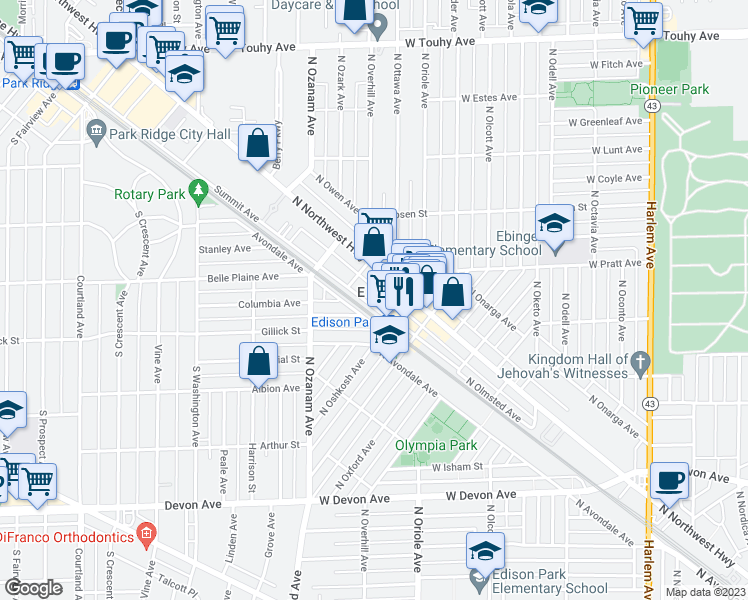 map of restaurants, bars, coffee shops, grocery stores, and more near 6761 North Olmsted Avenue in Chicago