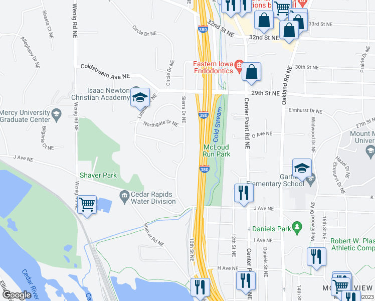 map of restaurants, bars, coffee shops, grocery stores, and more near 1420 Sierra Drive Northeast in Cedar Rapids