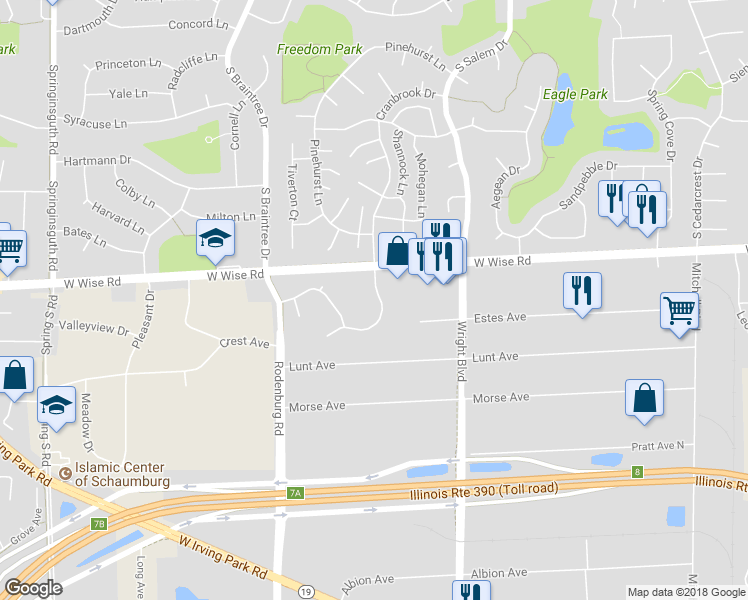map of restaurants, bars, coffee shops, grocery stores, and more near 1268 Cranbrook Drive in Schaumburg