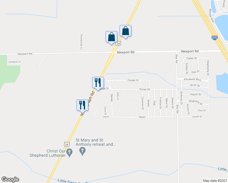 map of restaurants, bars, coffee shops, grocery stores, and more near 8560 Killy in Monroe County