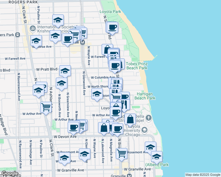 map of restaurants, bars, coffee shops, grocery stores, and more near 6610 North Sheridan Road in Chicago