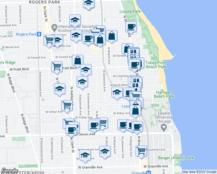 map of restaurants, bars, coffee shops, grocery stores, and more near 1331 West North Shore Avenue in Chicago