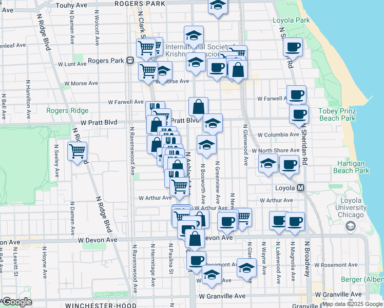 map of restaurants, bars, coffee shops, grocery stores, and more near 6645 North Ashland Avenue in Chicago