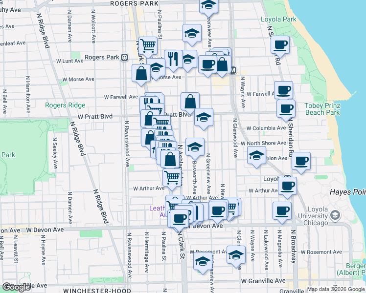 map of restaurants, bars, coffee shops, grocery stores, and more near 6645 North Ashland Avenue in Chicago